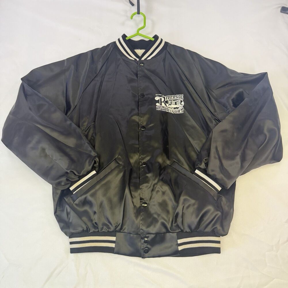 VTG Riverside Hotel & Casino Resort Black Button Up Shiny Bomber Jacket See Pic